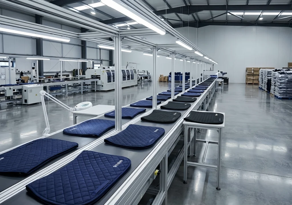 Production line showcasing horse saddle pads arranged on tables in a manufacturing facility