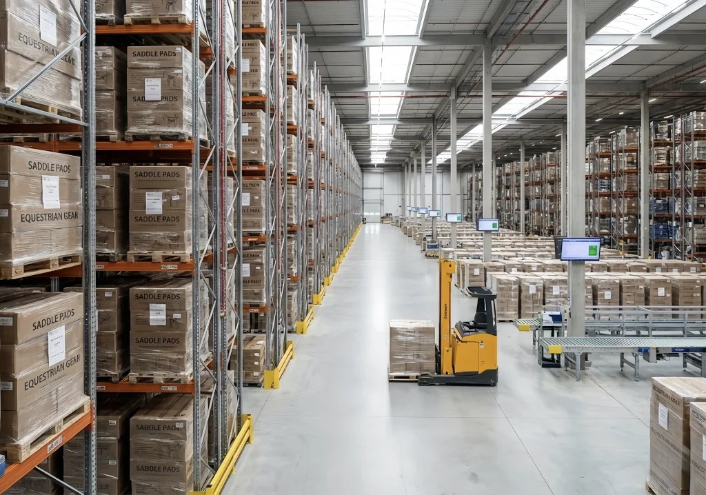 Warehouse interior filled with stacked boxes of horse saddle pads and equestrian gear