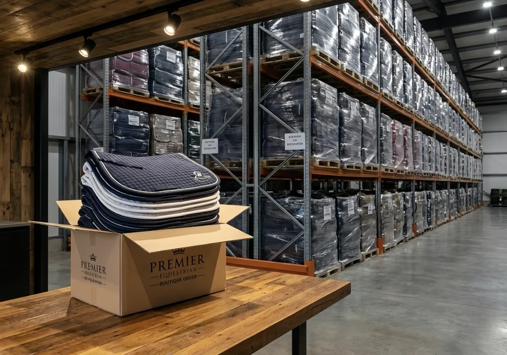 Horse saddle pads stacked in a box on a wooden table in a warehouse setting