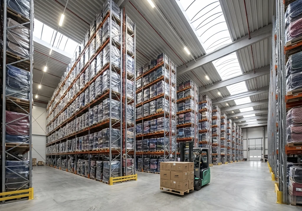 Large warehouse interior filled with stacked horse saddle pads on shelves