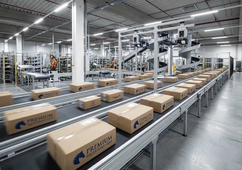 Conveyor belt transporting boxes of horse saddle pads in a warehouse facility