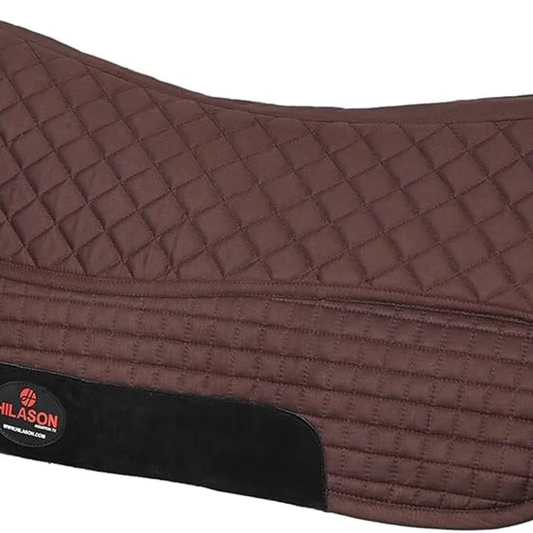 Brown quilted horse saddle pad with black detailing and logo.