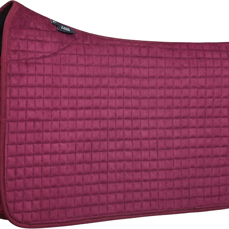 Burgundy horse saddle pad with quilted texture and black trim