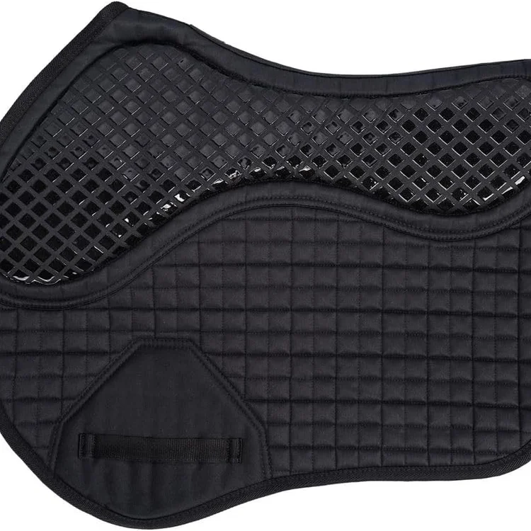 Black quilted horse saddle pad with breathable mesh design for comfort.