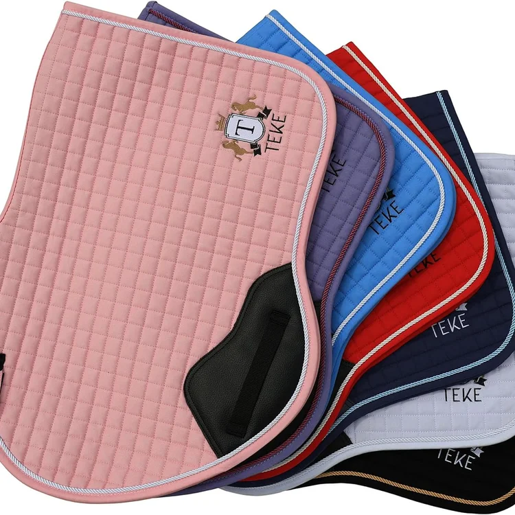 Colorful horse saddle pads in various shades arranged neatly.