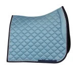 Light blue horse saddle pad with diamond quilted pattern and black trim