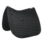 Black quilted horse saddle pad with contoured design and straps.