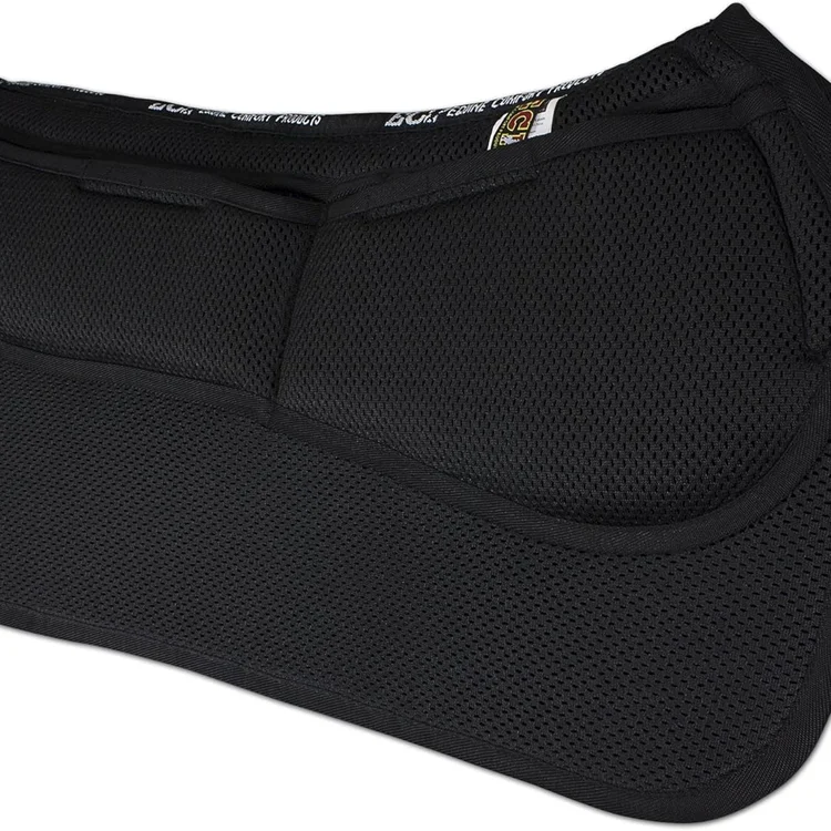Black mesh horse saddle pad with ergonomic design for comfort and breathability