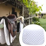 Horse saddle pad hanging on a fence near a saddle and stable environment