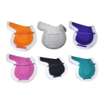 Colorful horse saddle pads in various shades including orange, pink, purple, black, and teal.