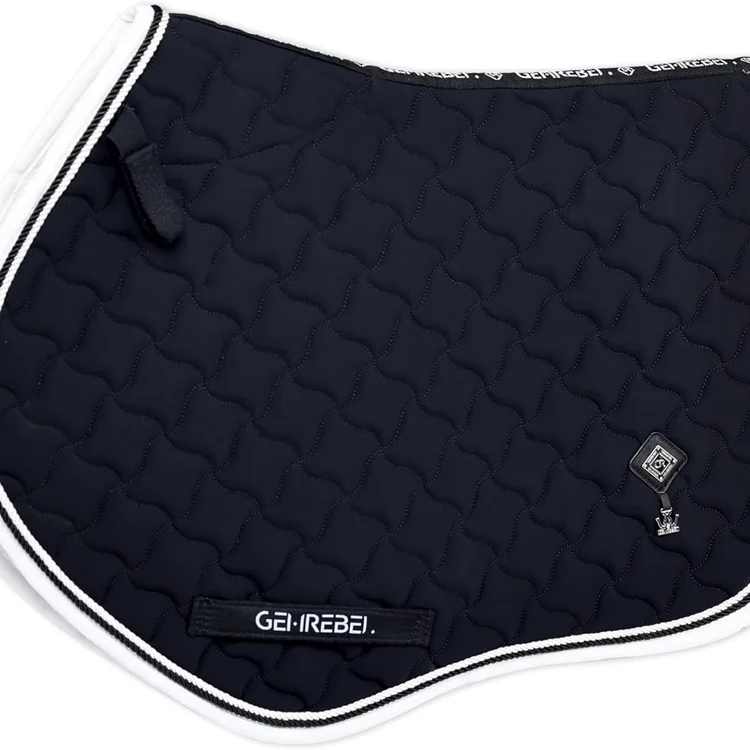 Navy blue horse saddle pad with white trim and logo detail