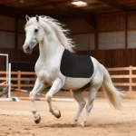 White horse galloping in an arena wearing a black horse saddle pad