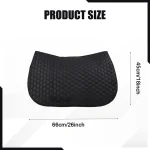 Black horse saddle pad with textured surface and product size dimensions displayed.