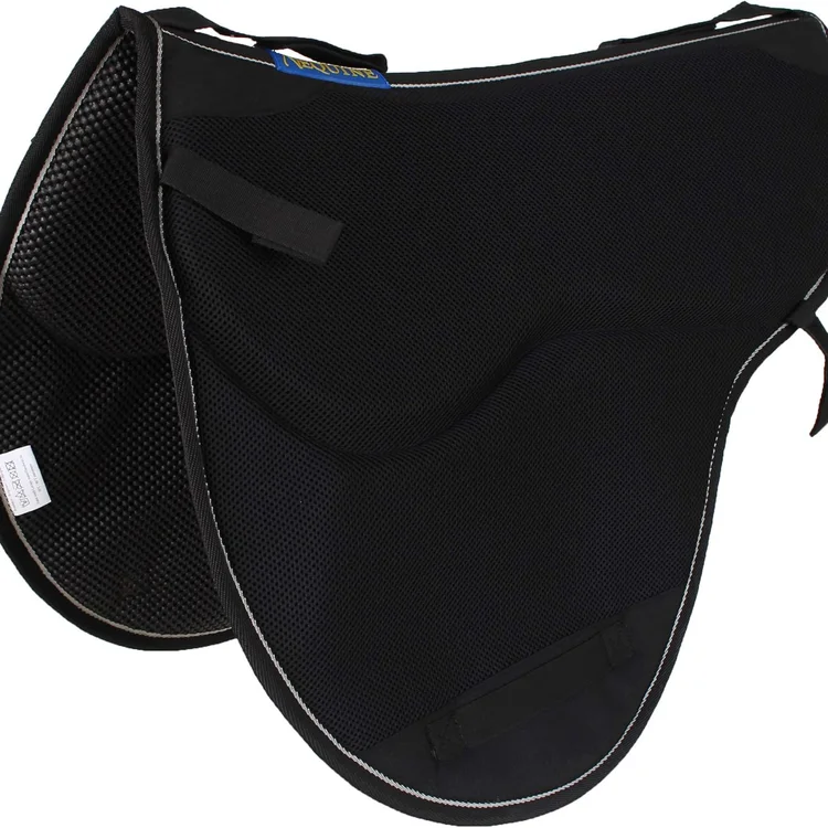 Black mesh horse saddle pad with ergonomic design for comfort and support