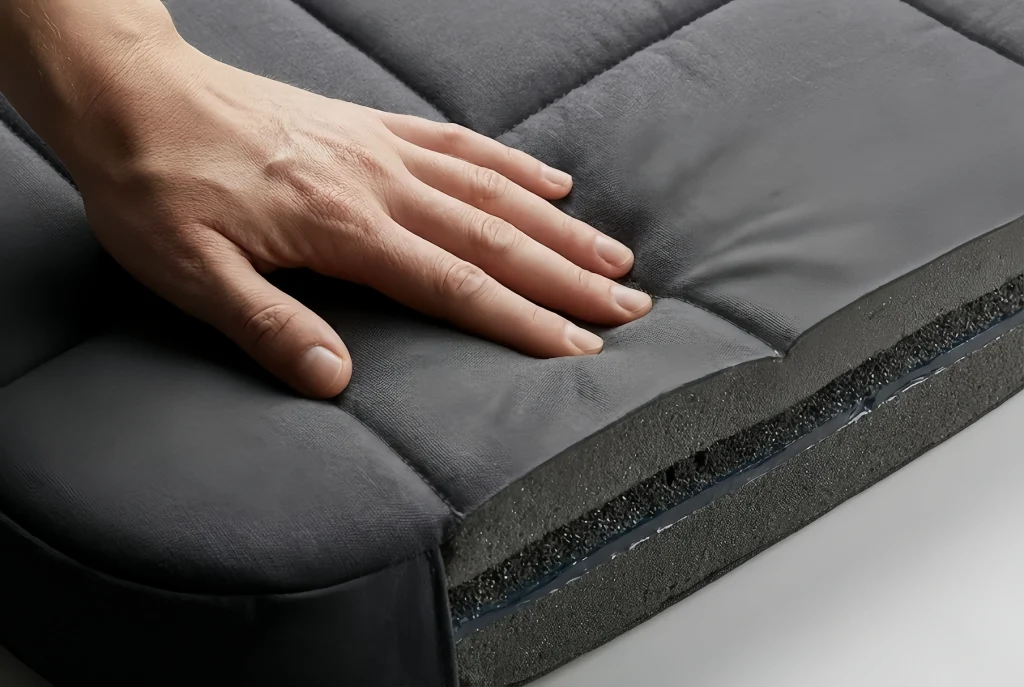 Soft horse saddle pad with hand pressing down on the cushioned surface