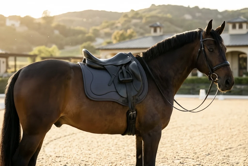Brown horse wearing a black horse saddle pad in a riding arena